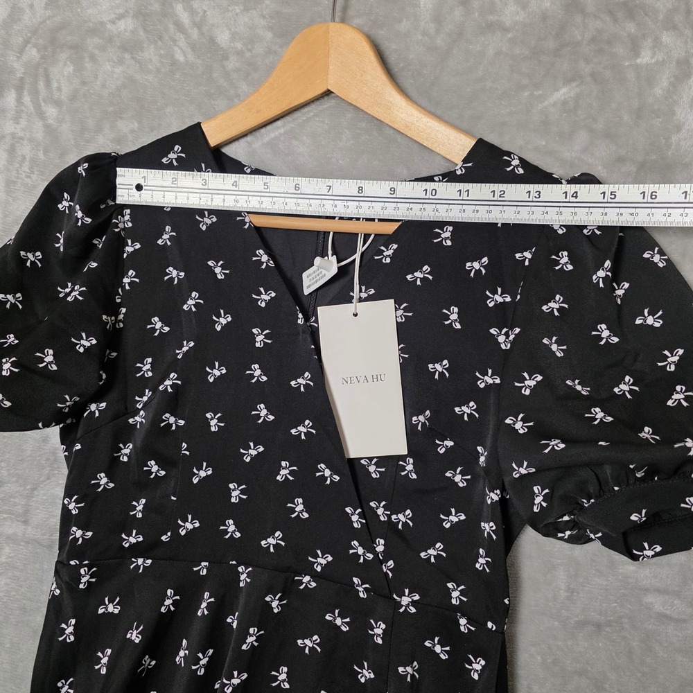 NEVA HU Bow Print Puff Sleeve Maxi Dress Women L‎ Black NEW Flowy Cottagecore - Picture 9 of 13